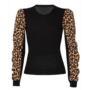 $395 VERONICA BEARD Adler Black Leopard Sleeve Merino Wool, Silk Sweater